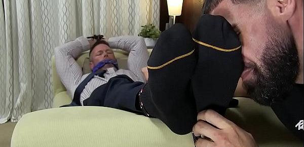  Muscular businessman Joey J bound by feet eating deviant